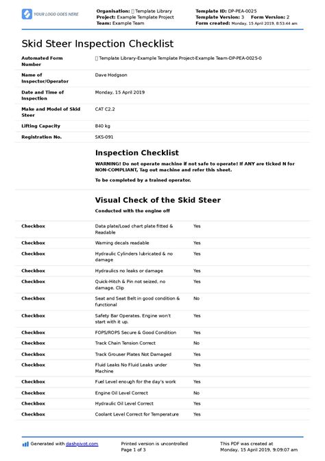 skid steer mainance check list|caterpillar skid steer inspection checklist.